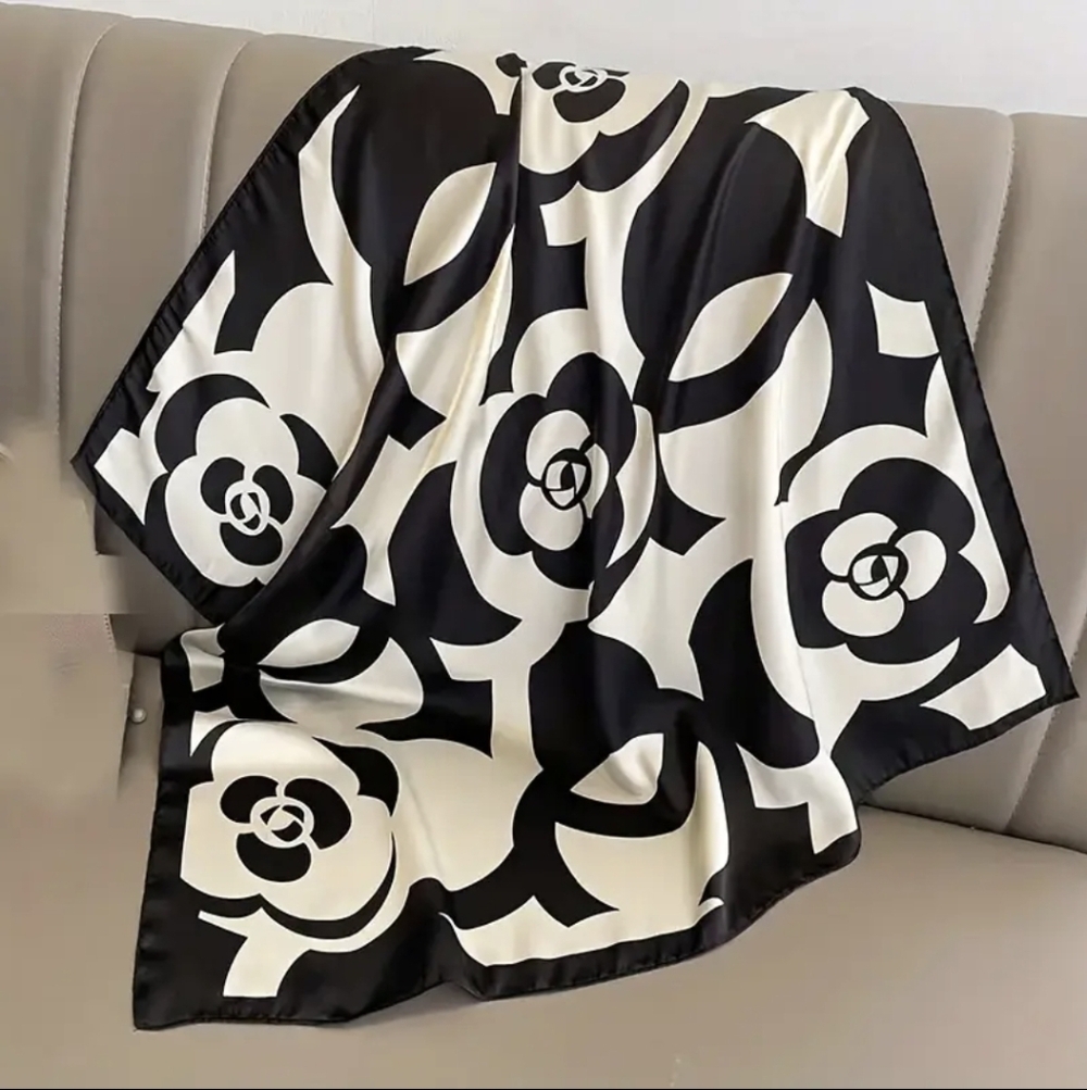 Luxurious Elegant Black & White Camellia Flower Scarf, Head Wrap